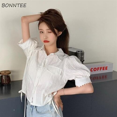 Shirts Women Plus Size Vintage French Style Trendy Summer Lace-up Girls Streetwear All-match Puff Sleeve Student Lovely Crop Top