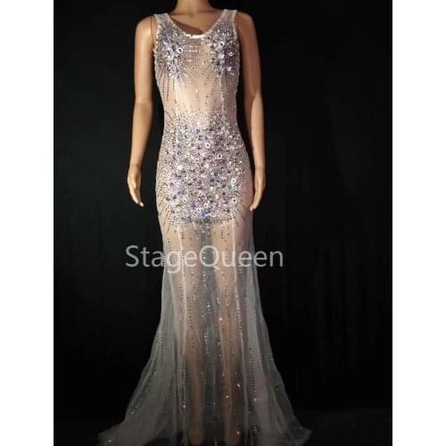 Women Sexy Sparkly Rhinestones Perspective Dress Birthday Celebrate See Through Mesh Dress Rhinestones Costume Dance Dress