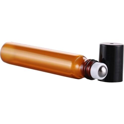 15MM*64MM 100Pieces/Lot 10 ML Roll On Portable Amber Glass Refillable Perfume Bottle Empty Essential Oil Case With Plastic Cap
