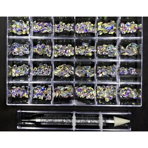 Fuchsia Nail Art Rhinestone-bling box Glass Nail Rhinestones 480pcs, 24 Grids Rhinestones 480pc/Box Rhinestones 24 Styles