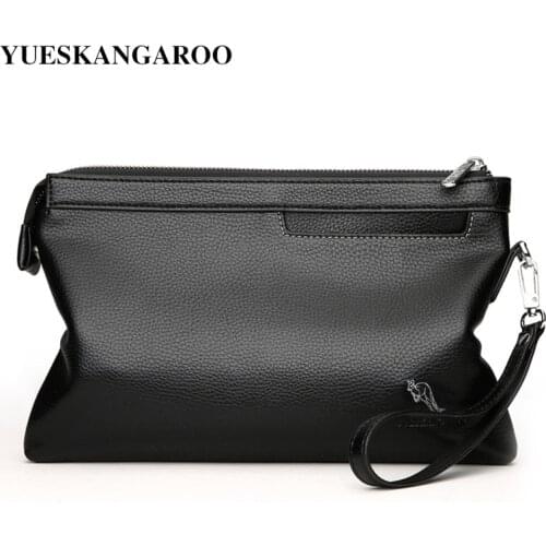 YUES KANGAROO Brand Leather Envelope Men Clutch Bag For Phone High Capacity purse Male Clutch Wristbands Zipper Mens Long Wallet