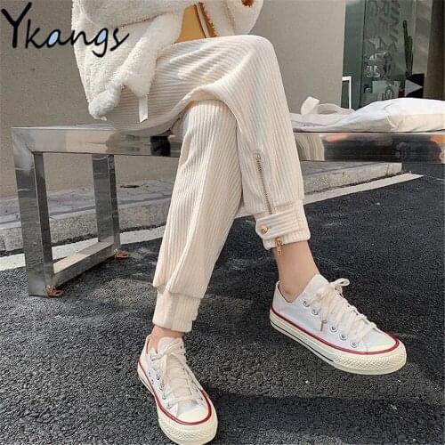 Zipper Button High Waist Beige Black Cargo Corduroy Harem Pants Harajuku Women Boyfriend Trousers Autumn Winter Mujer Pantaloon