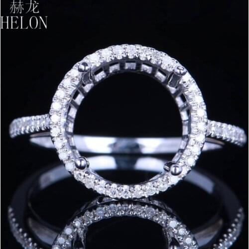 HELON Women Diamonds Ring Solid 14k White Gold Genuine Natural Diamonds Halo Semi Mount Engagement Ring Fit Round 11-12mm