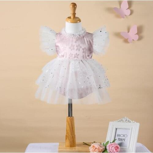 Princess Infant Flying Sleeve Romper Dress with Mesh Stitching Flower Sequin Jumpsuits Summer Party Birthday Baptism Clothing