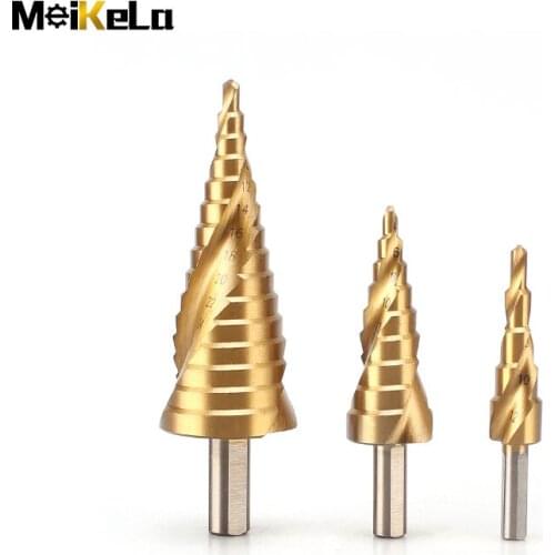MeiKeLa 4-32mm Titanium Coated Pagoda Shape Step Drill Bit HSS4241 Triangle Shank Hole Drill Cone Drill Bit Step Drill