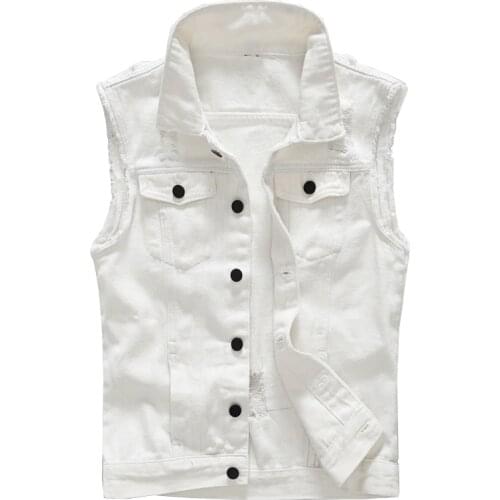 Sokotoo Mens slim fit white denim vest Black buttons holes ripped jean waistcoat Tank top