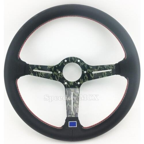 N Car Steering Wheel Army Green Pattern 14Inch 350mm Leather Steering Wheel Universal With N-Logo Horn Button 6 bolt