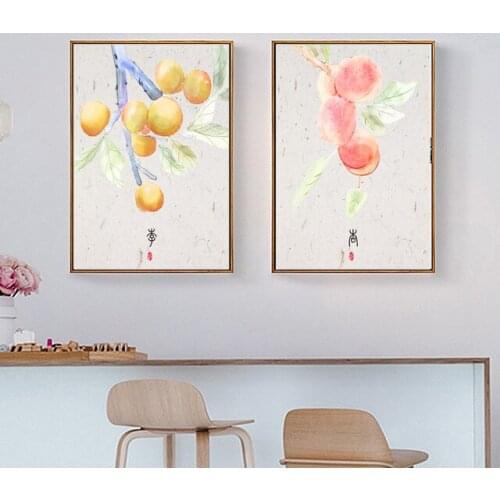 New Chinese Style Watercolor Minimalist Canvas Wall Painting Peach Fruit Printing Wall Painting Frameless Home Decoration Poster