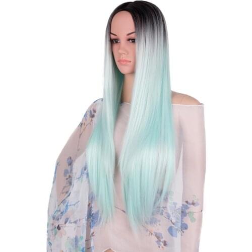 American African Women Mint Green Gradient Long Hair Resistant Natural Synthetic Wig Daily Party