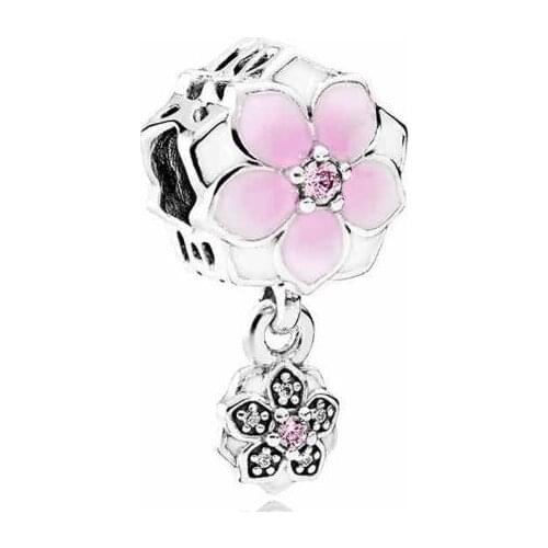 Genuine 925 Sterling Silver Charm Enamel Magnolia Bloom Duo With Crystal Pendant Beads Fit Pan Bracelet & Necklace Jewelry