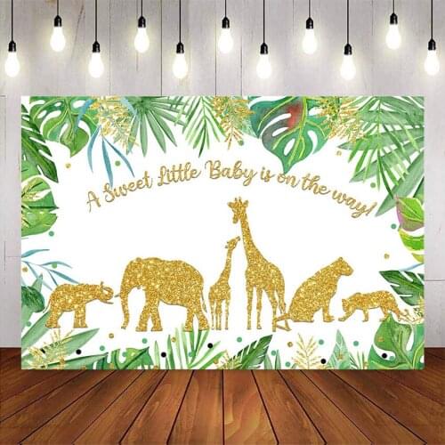 Safari jungle theme party backdrop sweet little baby background for photo studio wild animal green leaves gold glitter elephant
