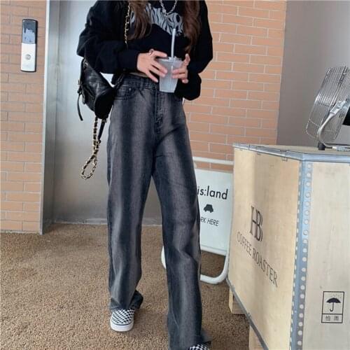 Vintage Contrast Color Straight Womens Jeans Baggy High Waist BF Mom Jeans Pants Denim Distressed Wide Leg Streetwear Jeans