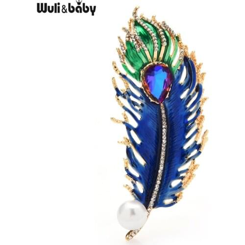 Wuli&baby Big Crystal Feather Brooches For Women Luxury 2-color Enamel Feather Office Party Brooch Pin Jewelry Gifts