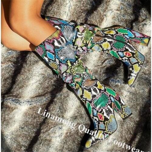 Linamong Sexy Snake Leather Knee High Chunky Heel Boots Pointed Toe Long Thick High Heel Boots Sexy Evening Club Shoes Big Size