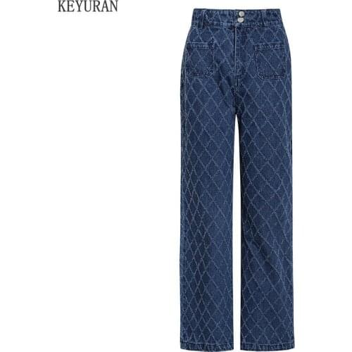New arrival Plaid Wide Leg Jeans For Women High Waist Pocket Straight Large Size Casual Denim Trousers Female 2021 Fashion