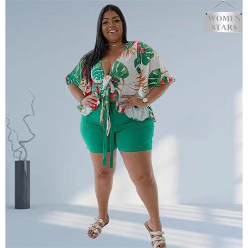 Plus Size Two Piece Set Women Wholesale Dropshipping Summer Clothing 4xl Sexy Print Crop Top Shorts Sets Beach Style Streetwear