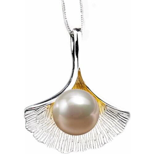 MADALENA SARARA Sterling Silver S925 9-10mm Freshwater Pearl Pendant Women Necklace Cubic Zirconia Ginkgle Leaf Chain Necklace