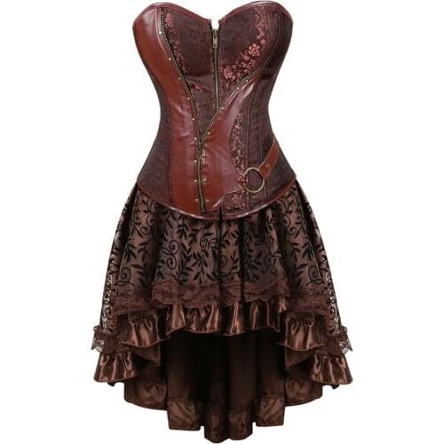 Steampunk corset dress victorian leather pirate overbust bustiers corsets skirts for women party exotic fashion plus size brown