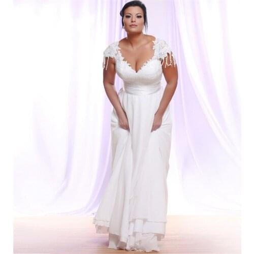 2021 New Arrival Cheap Sexy Plus Size Wedding Dresses Cap Sleeve V-neck Applique Chiffon Wedding Gowns Vestido De Novia