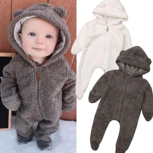 Winter Warm Cute Toddler Baby Girls Boys Fur Romper Ears Hooded Zipper Solid Long Sleeve Jumpsuits Romper 2 Colors
