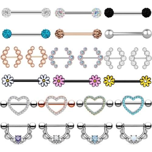 2pcs Titanium Nipple Piercing Heart Barbell 14G Opal Nipple Shield Flower Charming Nipple Rings For Women Body Piercing Jewelry