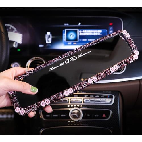 New Fashion Diamond Flower Rearview Mirror Cover Rhinestones Rear View Mirror Bling Car Accessories Interior for Women Girl