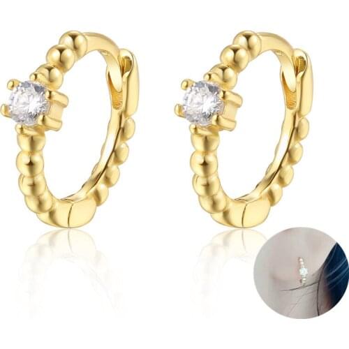 925 Sterling Siver 8mm Round Beads CZ Stone Huggie Hoop Earrings Cubic Zirconia Fashion Cartilage Piercing For Women Unisex