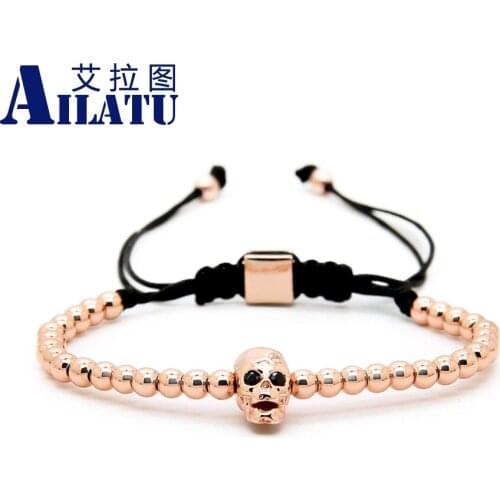 Ailatu Unisex Fashion Skull Jewelry 4mm Copper Beads with Micro Pave Faceted Skeleton Braided Bracelet Pulseira Hombres