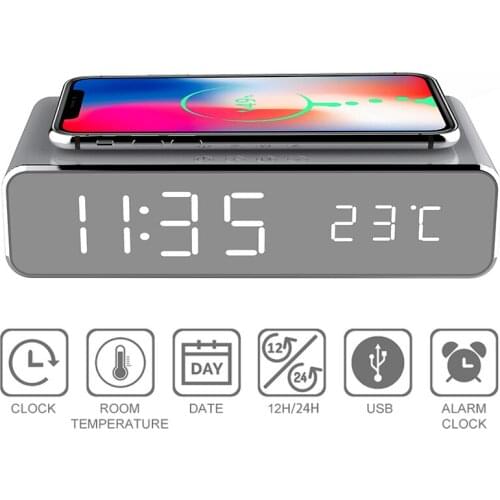 Wireless Charger Multifunction New LED Electric Alarm Clock With Phone Charger Desktop Digital Thermometer Clock HD Clock