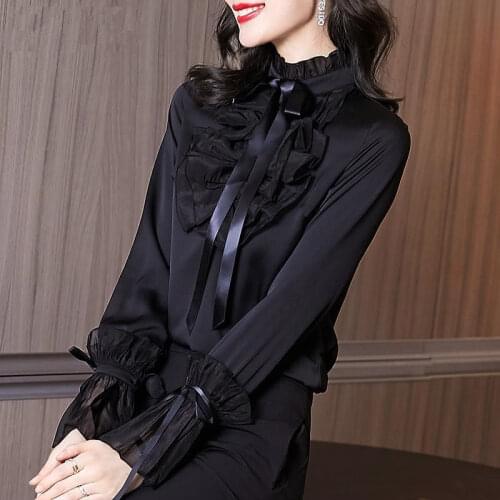 Blouse Women Shirt Womens Ruffled Long-Sleeved Black Shirt Top, 2021 Blusas Mujer De Moda