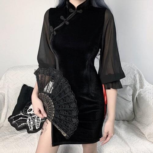 Dark Cheongsam Women Stitching Mesh Long Sleeve Dress Split Lace Flowy Black Dress Gothic Cheongsam Vintage Slim Party Dress