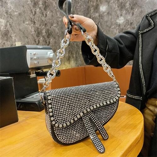 Elegant Womens Bag Sparkling Diamond Pure Color Saddle Handbag Luxury Chain Strap PU Leather Crossbody Bag New Fashion