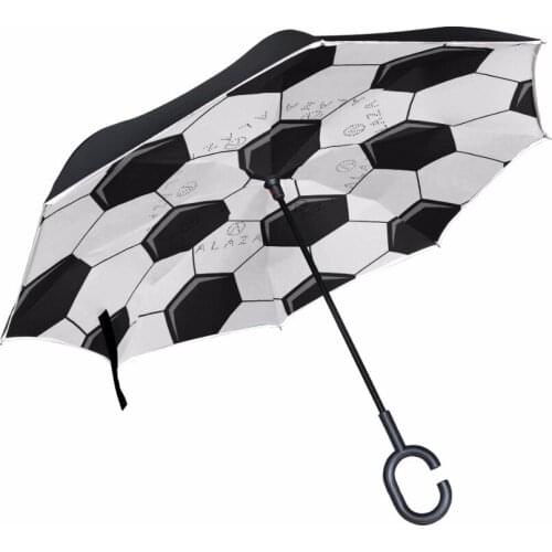 Soccer Pattern Windproof Reverse Umbrella C-Hook Double Layer Long Shank Inverted Creative Customized Rain Protection Travel