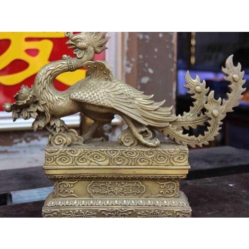 China Folk Copper Brass Home Feng Shui Lucky Fly Phoenix Bird Hold Flower Statue