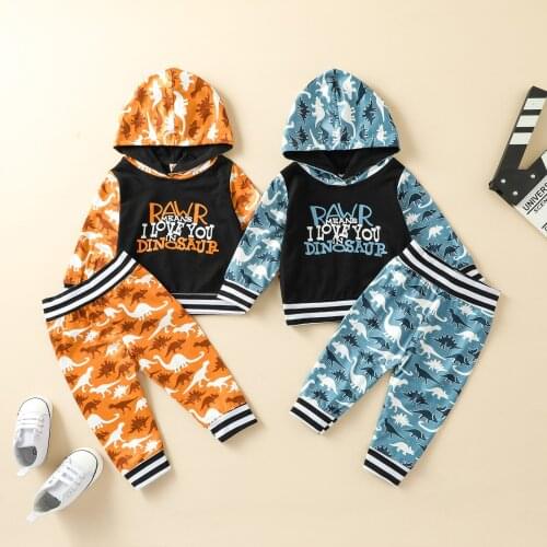 2 Pcs Newborn Color Block Outfits, Baby Dinosaur & Letter Print Long Sleeve Hooded Pullover + Trousers 2021 New Fashion