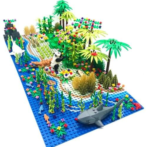 Trees Animals Building Blocks with 2 Base 32*32 Compatible Classic Bricks Shark Panda Bamboo Construction Toys for Children MOC