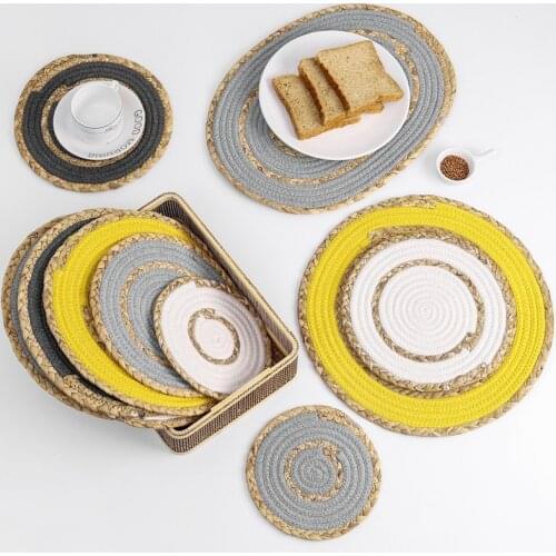 Round Placemats Handmade Cotton Rope Straw Woven Dining Table Mats Heat Insulation Pot Holder Cup Coasters Kitchen Accessories
