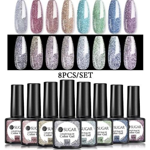 UR SUGAR 7.5ml Reflective Gel Polish Set Glitter Color Gel Soak Off Nail Gel Colorful DIY Nail Art Sparkling Laser Gel Varnish