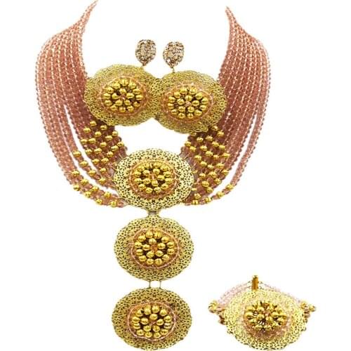 Peach African Beads Jewelry Set Crystal Beaded Necklace Bracelet Earrings Nigerian Wedding Party Jewelry Accessories 8-3PH09