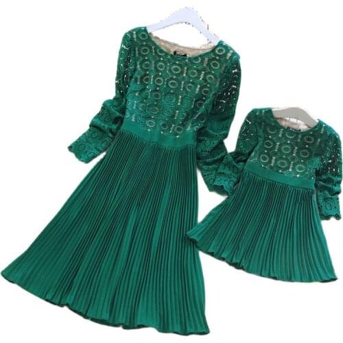 PopReal Parent-Child Outfit Fashion Lace Patchwork Mom And Daughter Skirt Mini Mother Dress Family Matching Outfits Solid O-Neck