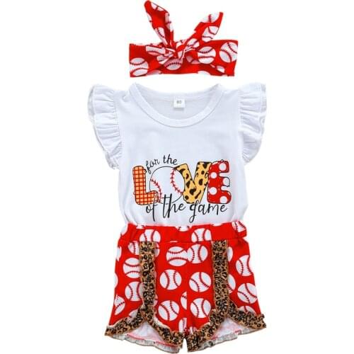 Girls Casual Three-piece Clothes Set White Round Collar Ruffled Sleeveless T-Shirts Tops Red Leopard Print Shorts and Headdress