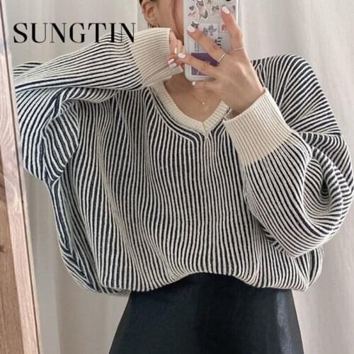 Sungtin Korean Striped V Neck Knitted Pullovers Women Warm Cozy Loose Ribbed Sweater Soft Sweater Female Color Block Oversized