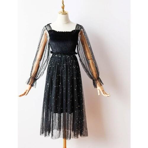 Puff Sleeve Spring Fall Autumn Summer Mid-Calf Mesh Sexy Elegant Sweet Club Velvet Princess Party Black Dress Vestidos De Fiesta