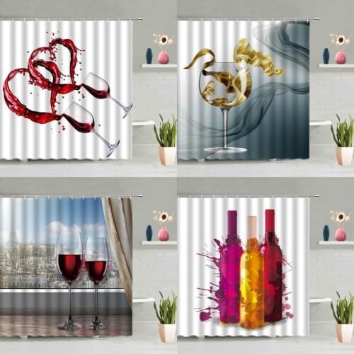 Romantic Valentines Day Shower Curtain Creativity Love Red Wine Glass Rose Flower Bathtub Decor Screen Washable Hanging Curtain