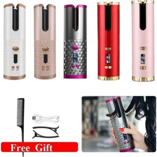 Cordless Automatic Curling Irons Rotating Hair Curler USB Rechargeable LCD Display Ceramic Curling Hair Styling Tools with Gift