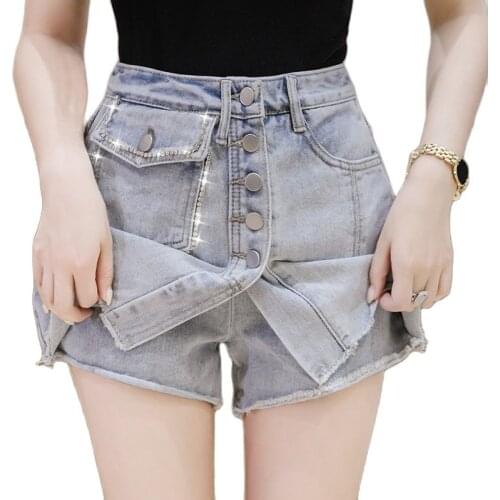 Fashion elegant shorts female tassel beaded chain high waist wide leg denim shorts 2021 summer casual shorts skirt