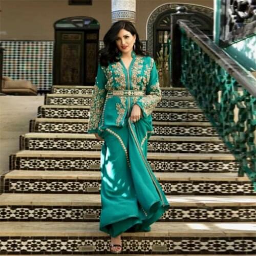 Fashion Green Moroccan Caftan Evening Dress Elegant Dubai Abaya Arabic Gowns For Prom Dress With Appliques Lace Special Occasion
