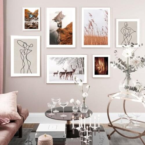 Waterfall Reed Deer Natural Landscape Wall Art Canvas Painting Nordic Posters And Prints Wall Pictures For Living Room Decor