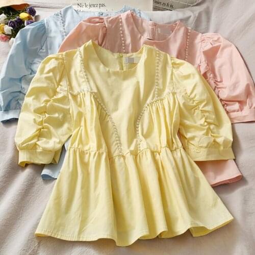 Korean Beading O-neck Blouse Women Solid color Puff sleeve Blusa Short Shirts Summer 2021 Elegant Short Sleeve Female Top