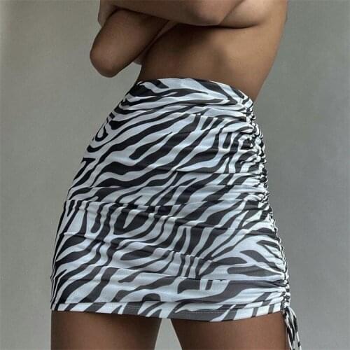 2021 New Womens Summer Bodycon Slim Mini Skirt Fashion High Waist Zebra Print Side Drawstring Ruched Skirt